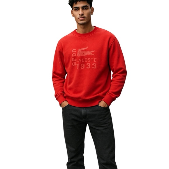 Lacoste Sport Men’s Orange Red Pullover Crewneck Preppy Classic Sweater Lined - Picture 1 of 13